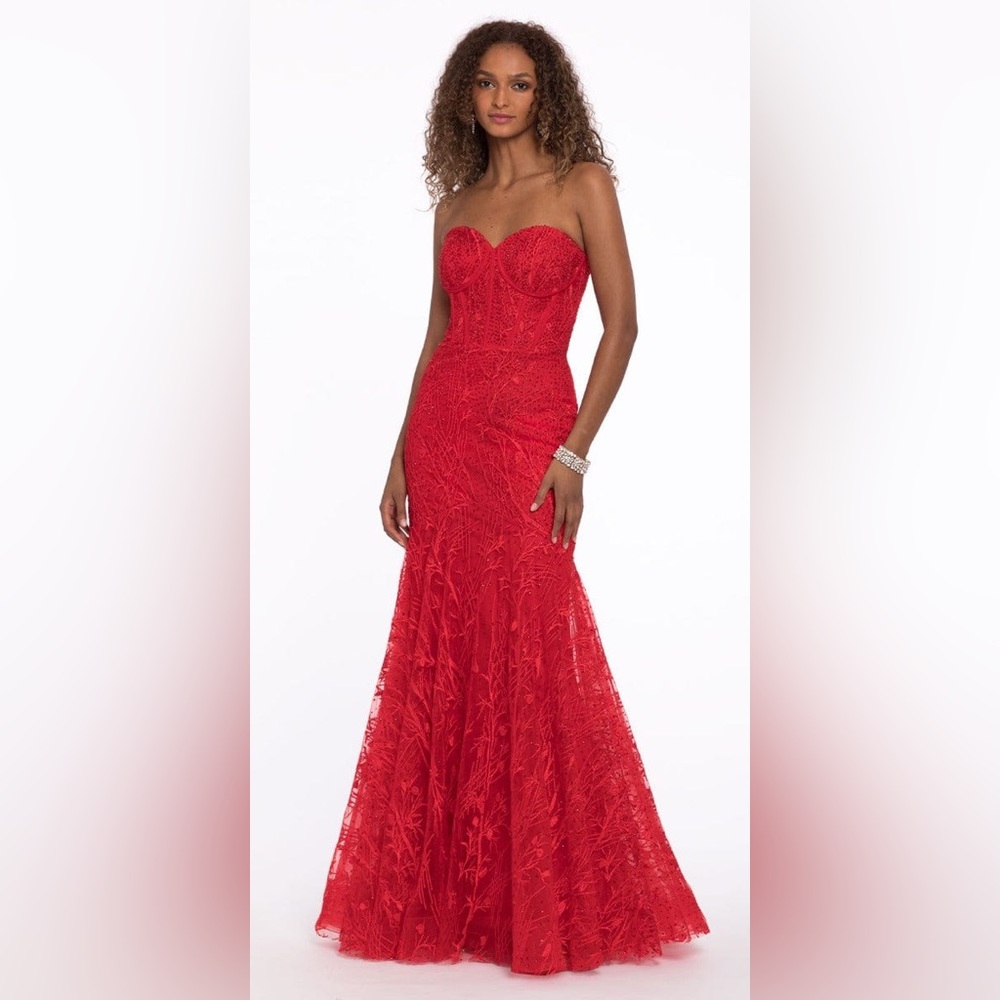 Camille La Vie Red Sparkly Strapless Prom Dress With Corset Bodice